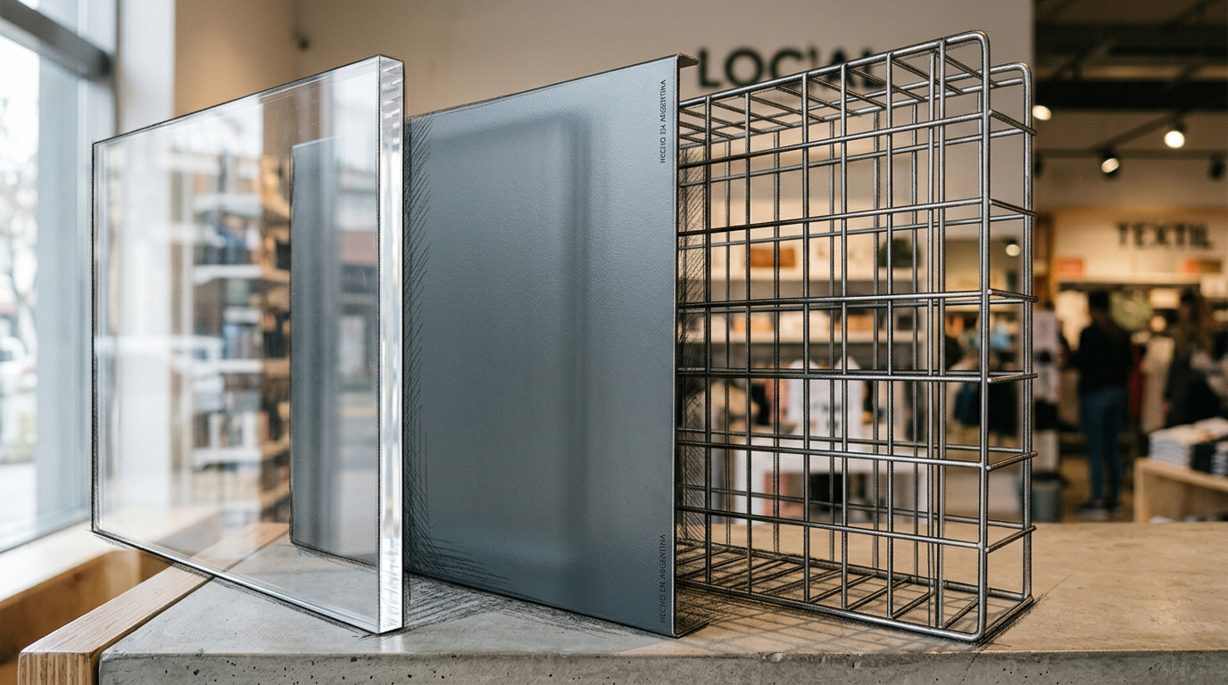 Materiales para retail en Argentina: cuándo elegir acrílico, chapa, alambre o alto impacto